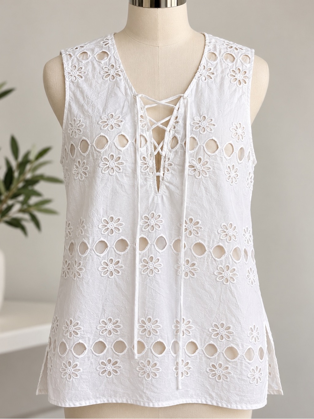 White Eyelet Lace-Up Sleeveless Swim Coverup